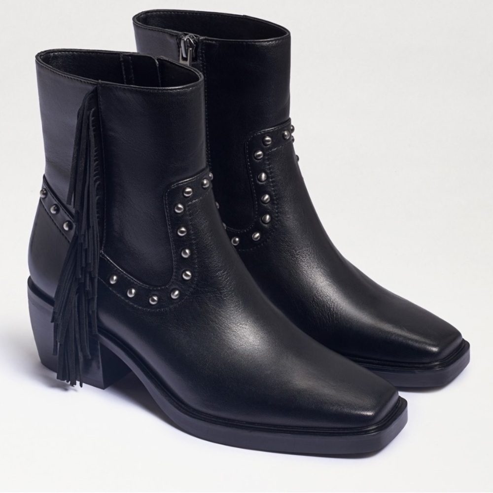 Sam Edelman Bernie black leather fringe studded square front western booties 6 M